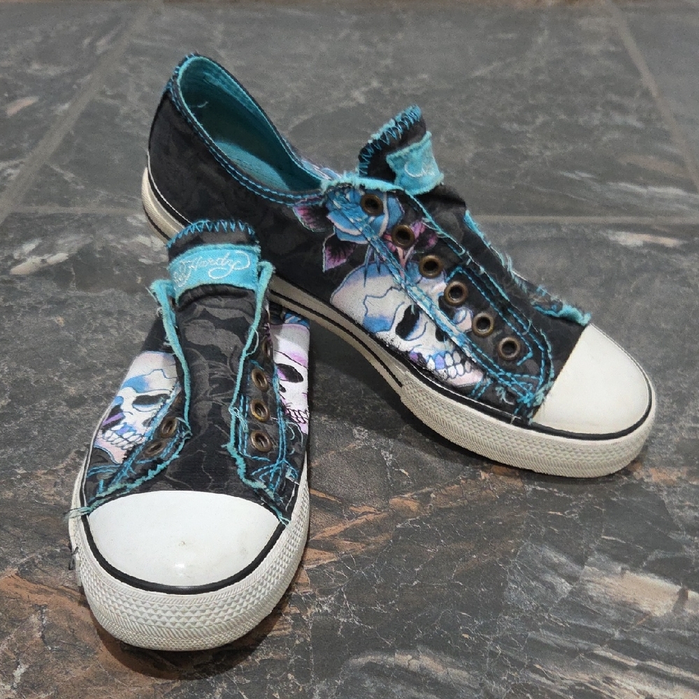 RARE!! Ed Hardy Women's Black and Teal Skull Sneakers